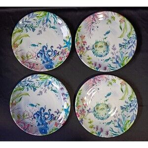 Pier 1 Imports 4 Melamine Salad Plates Ocean Seaside Beach Octopus Puffer Fish